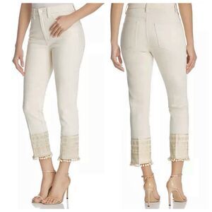 Tory Burch Lana Cropped Embroidered Pom Pom Hem Jeans Womens Sz 32 Cream